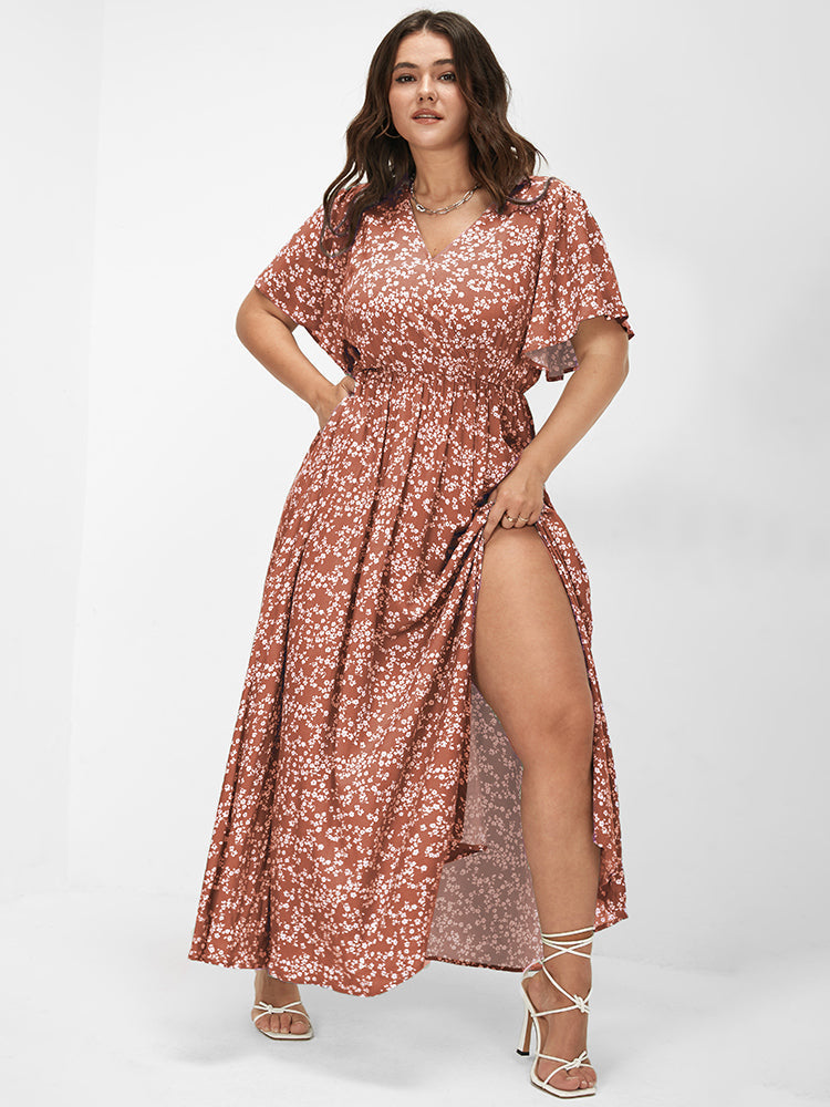 Bloom Dress - Flutter Sleeve Ditsy Floral Bag Split Maxi Dress