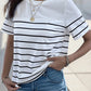 Women's Knitted Striped Button Round Neck Short Sleeve T-Shirt 26924936YM