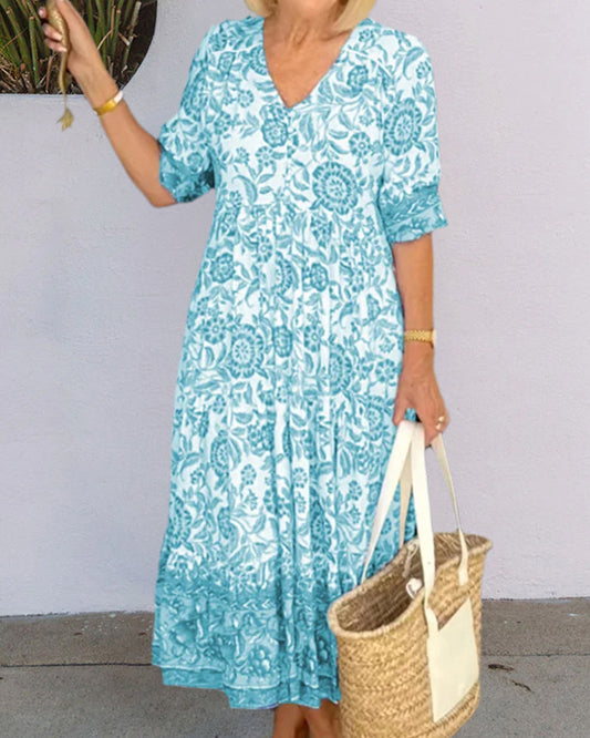 V Neck Blue Floral Print Dress