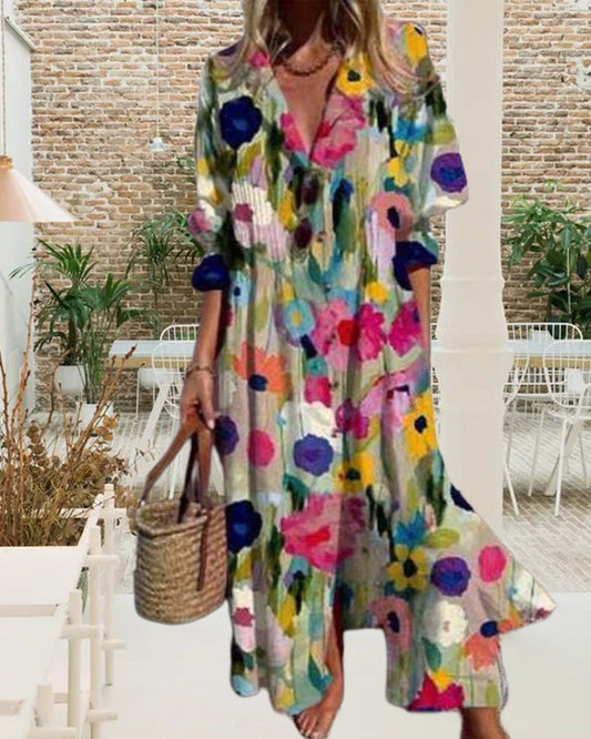 V-neck colorful printed long dress