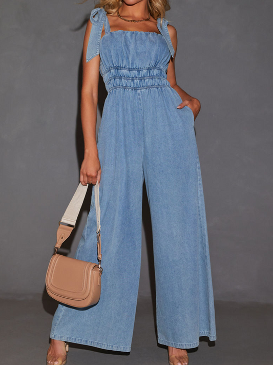 Stylish Elastic Waist Wide-leg Denim Jumpsuit