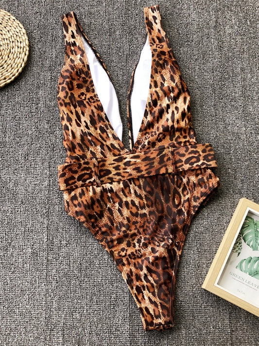 LEOPARD PLUNGE ONE-PIECE SWIMSUIT