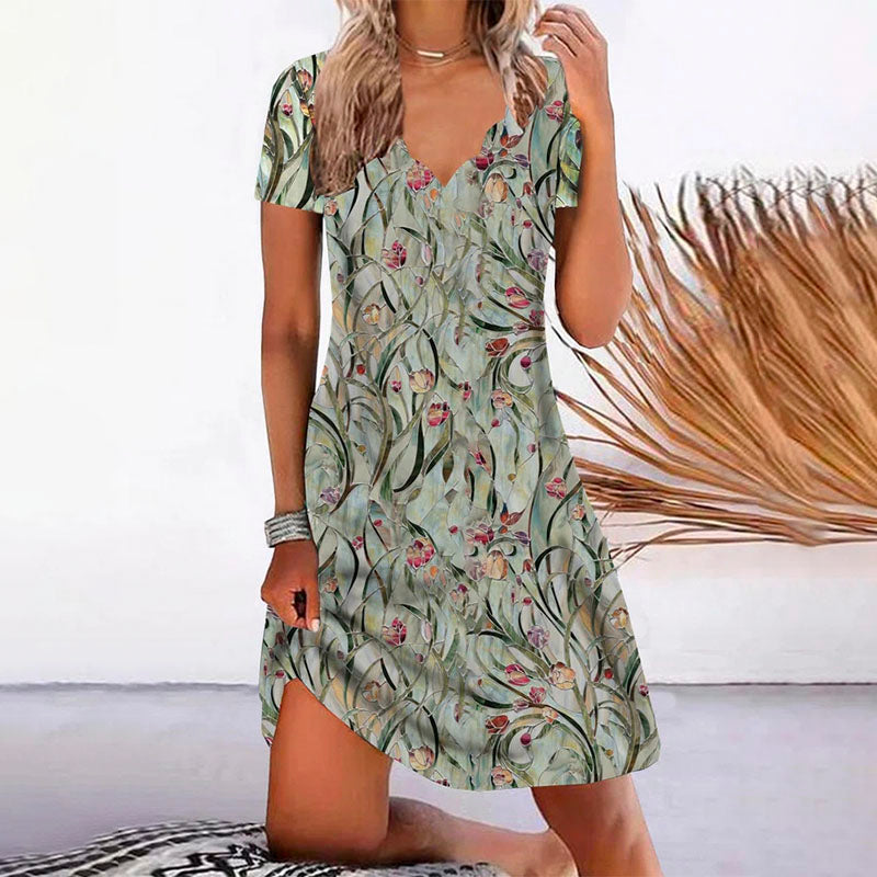 Romantic Floral Print V-Neck Dress