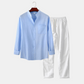 Long-Sleeve Linen-Look Shirt with Stand Collar and Straight-Leg Linen Pants