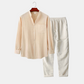 Long-Sleeve Linen-Look Shirt with Stand Collar and Straight-Leg Linen Pants