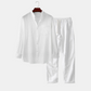 Long-Sleeve Linen-Look Shirt with Stand Collar and Straight-Leg Linen Pants