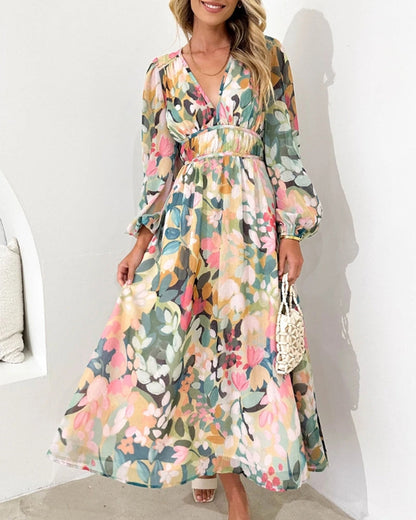 Floral print V-neck elegant dress