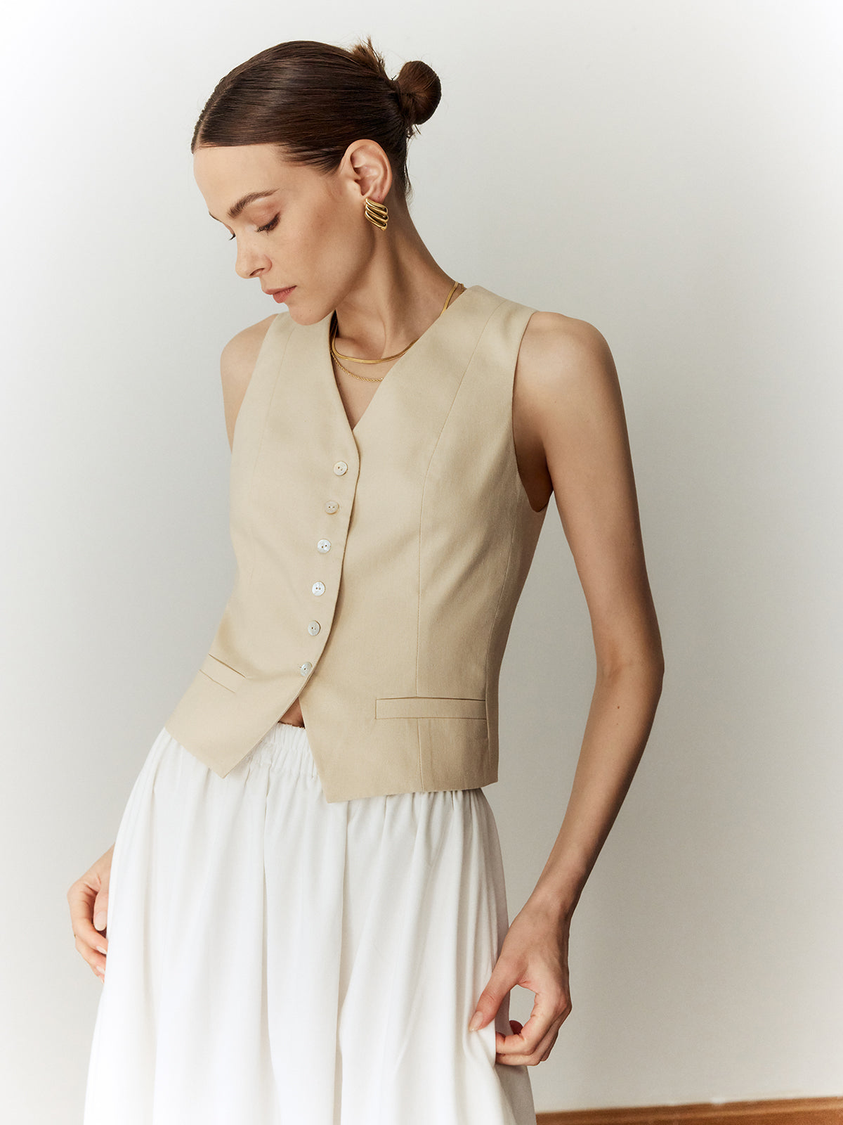 Cotton & Linen Solid V-Neck Vest