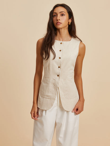 Linen Blend Pockets Vest