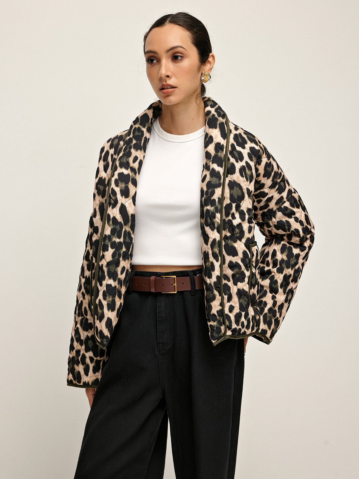 Leopard Printed Lapel Winter Coat