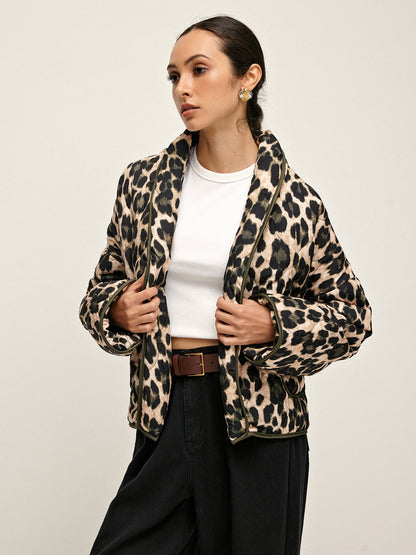 Leopard Printed Lapel Winter Coat