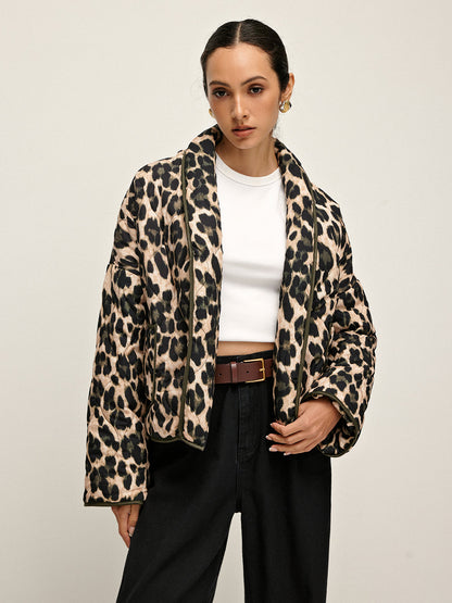 Leopard Printed Lapel Winter Coat