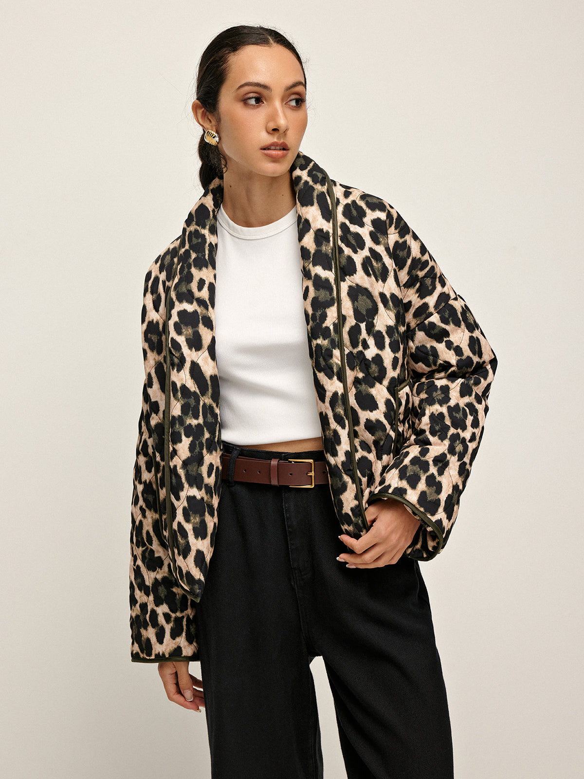 Leopard Printed Lapel Winter Coat