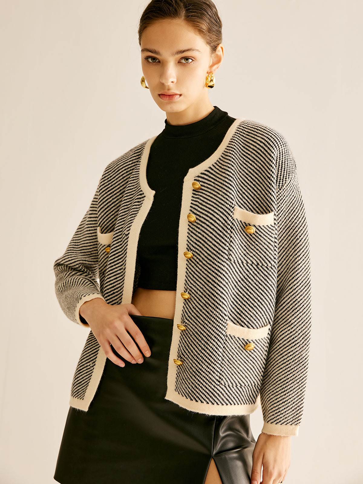 Contrast Trim Pockets Knit Outerwear