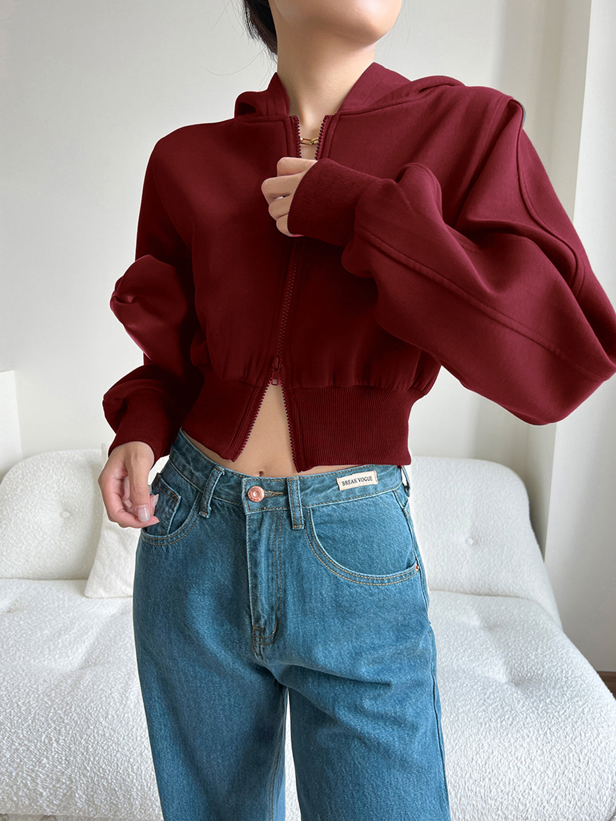 Solid Long Sleeve Zip Crop Hoodie