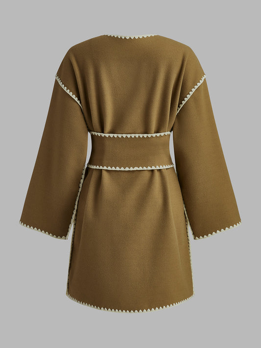 Embroidered Piping Wide Belted Coat