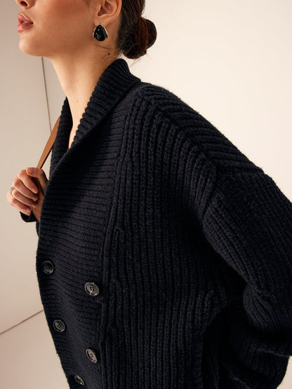 Ribbed Lapel Button Knit Outerwear