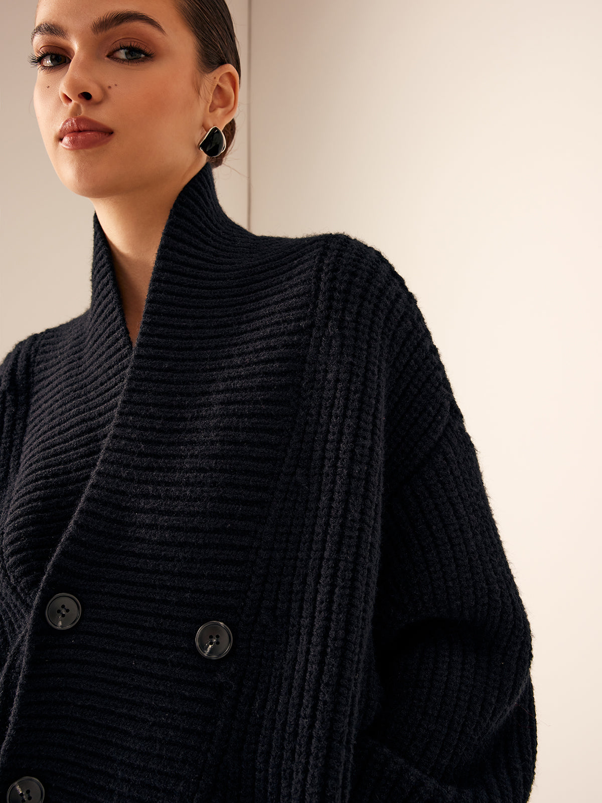 Ribbed Lapel Button Knit Outerwear