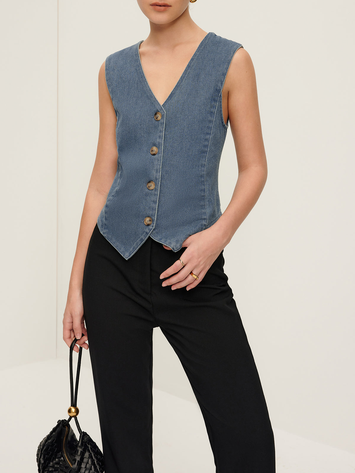 V-Neck Piping Button Denim Vest