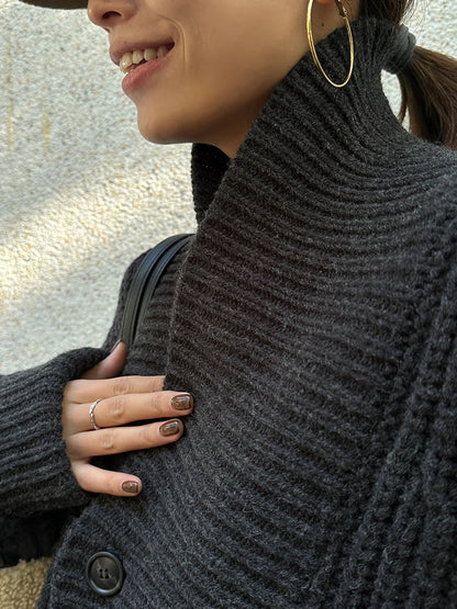 Ribbed Lapel Button Knit Outerwear