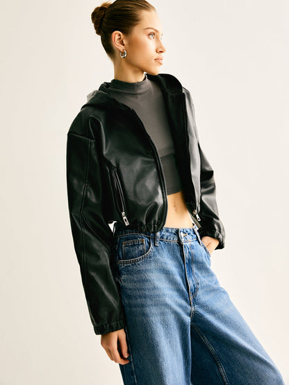 Hooded PU Leather Crop Jacket