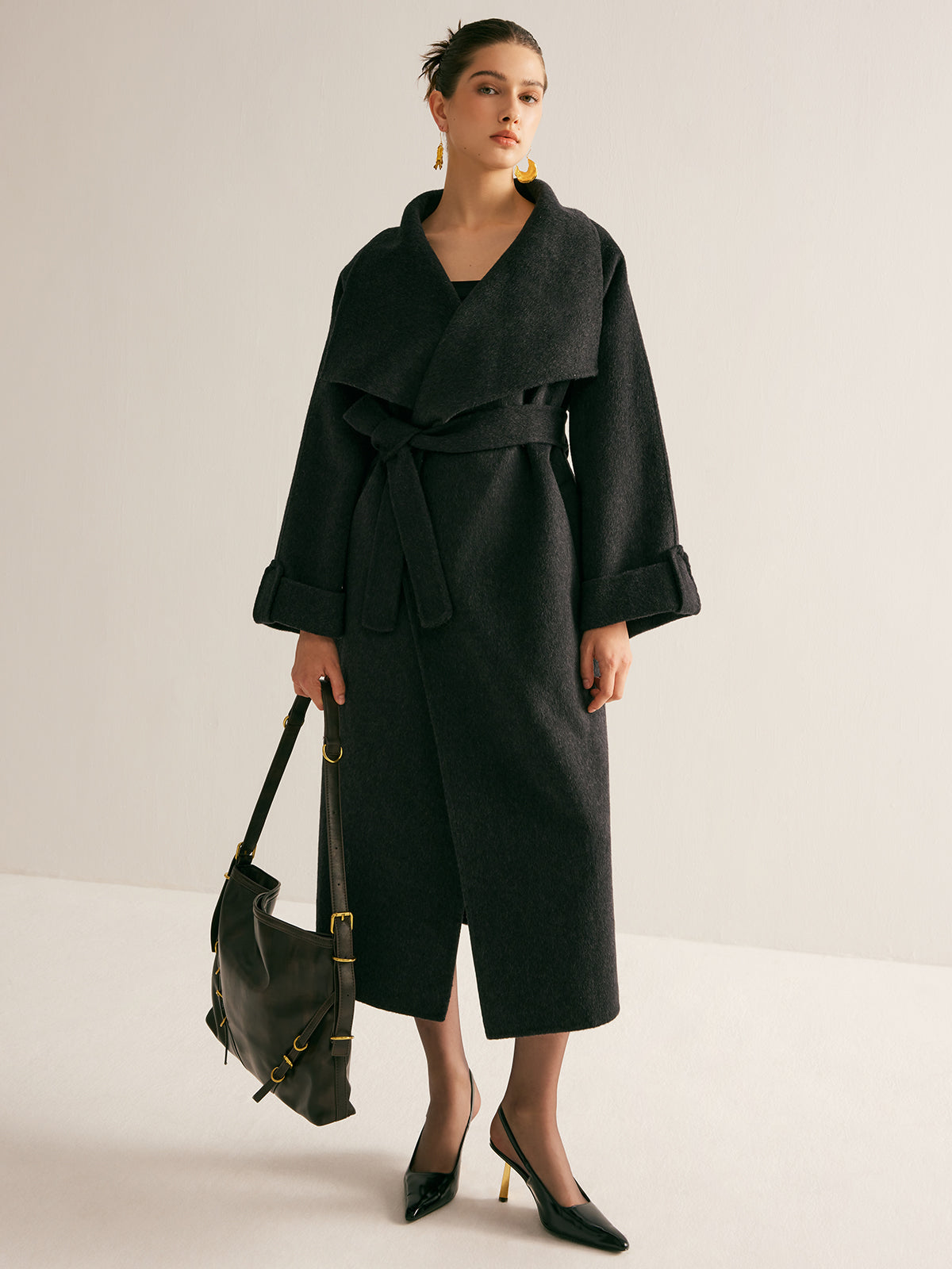 Large Collar Belted Wool Long Coat