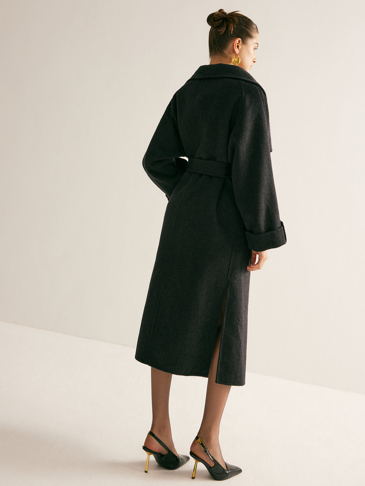 Large Collar Belted Wool Long Coat