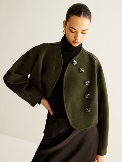 Asymmetrical Button Crop Tweed Coat