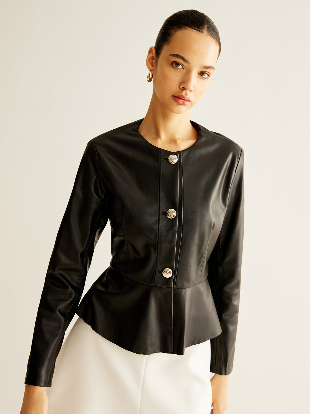 Breasted Ruffle Faux Leather Jacket