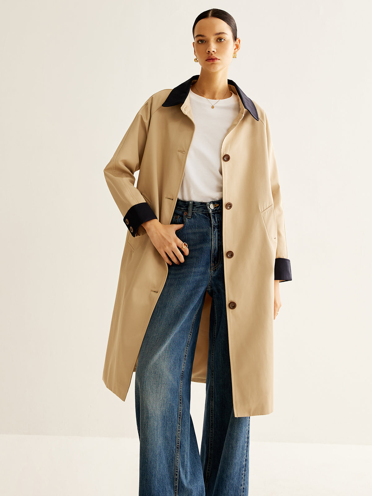 Contrast Binding Long Trench Coat