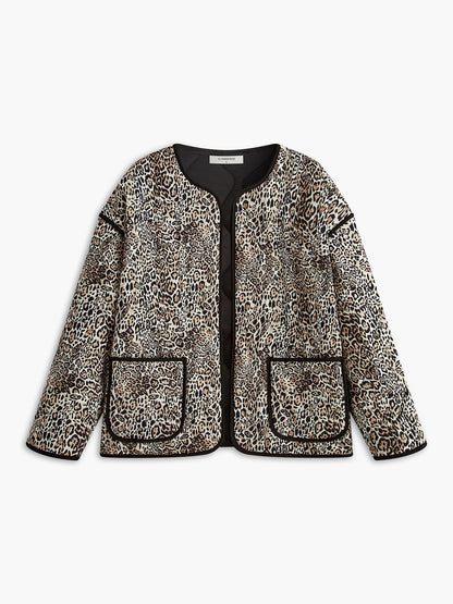 Contrast Trim Leopard Printed Winter Coat