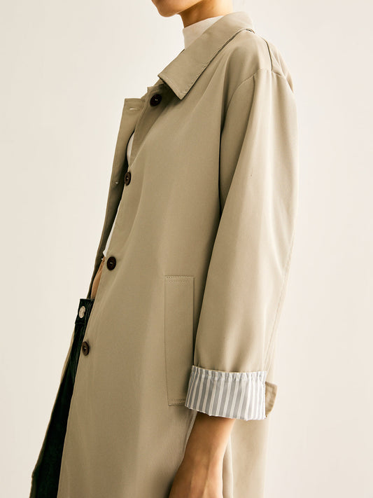 Pinstripe-Cuff Long Trench Coat