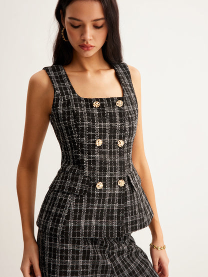 Checked Tweed Button Vest