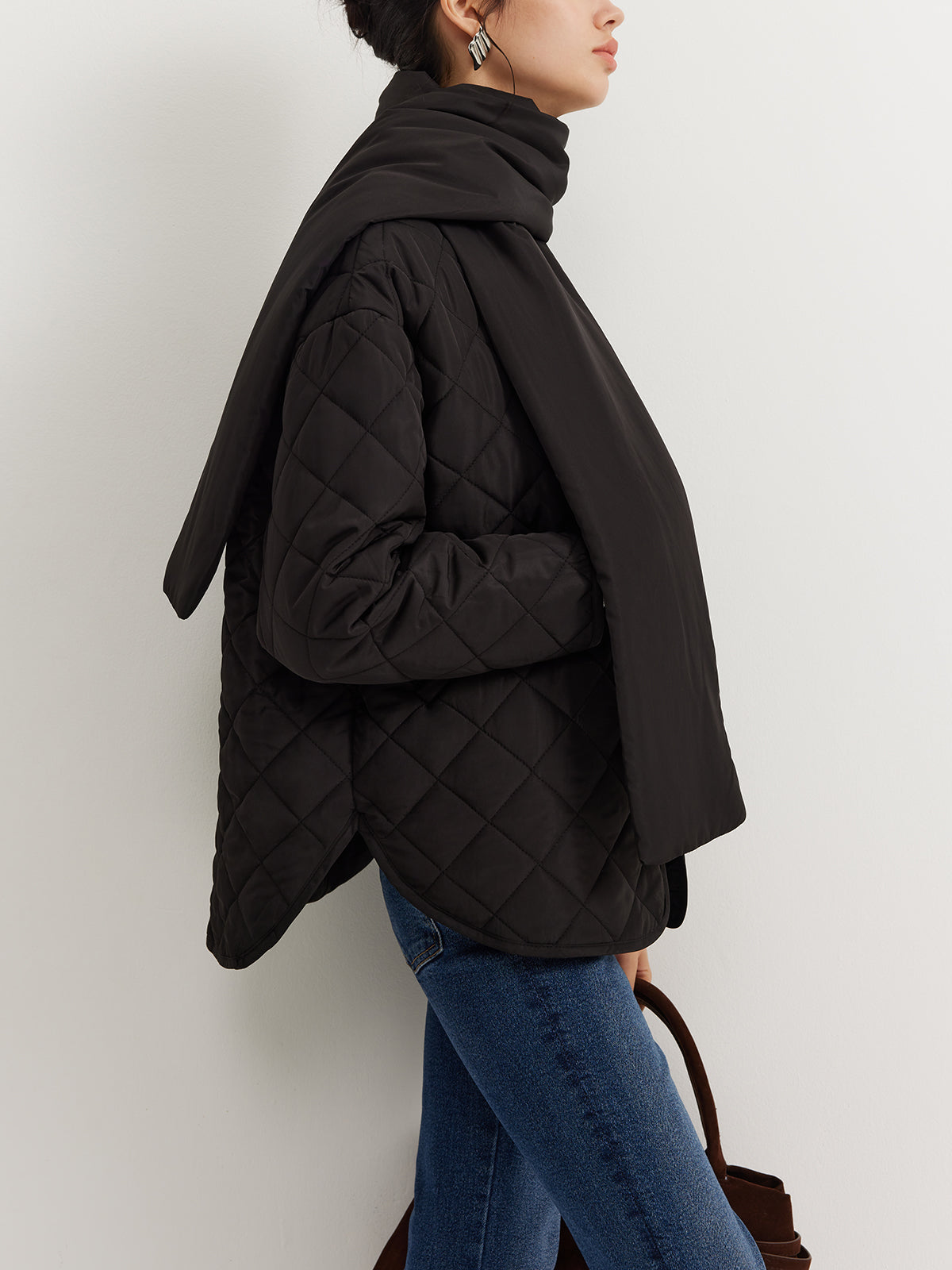 Plain Quilted Button Winter Coat With Scarf