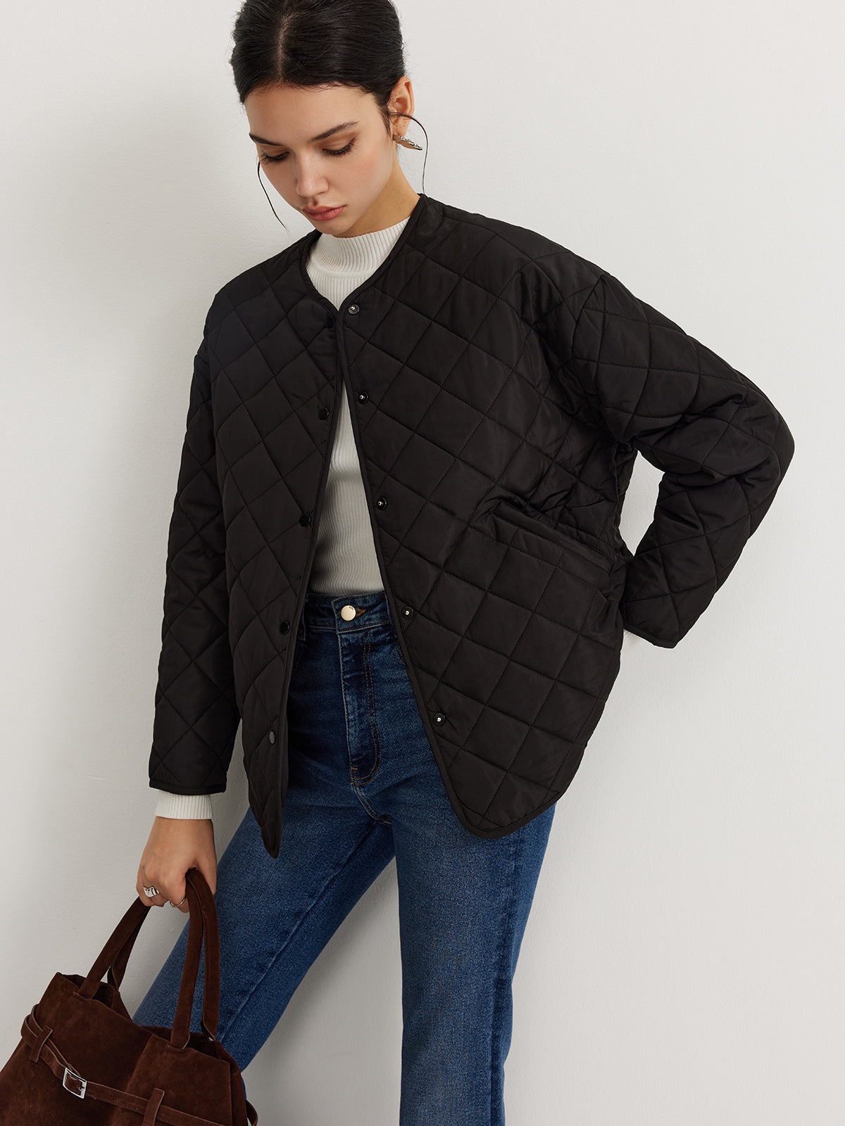 Plain Quilted Button Winter Coat With Scarf