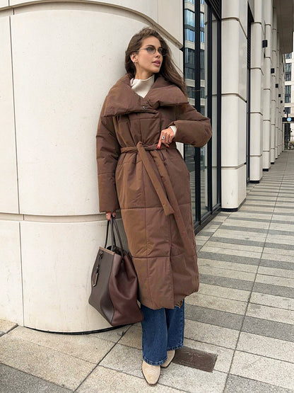 Quilted Long Winter Coat With Belt