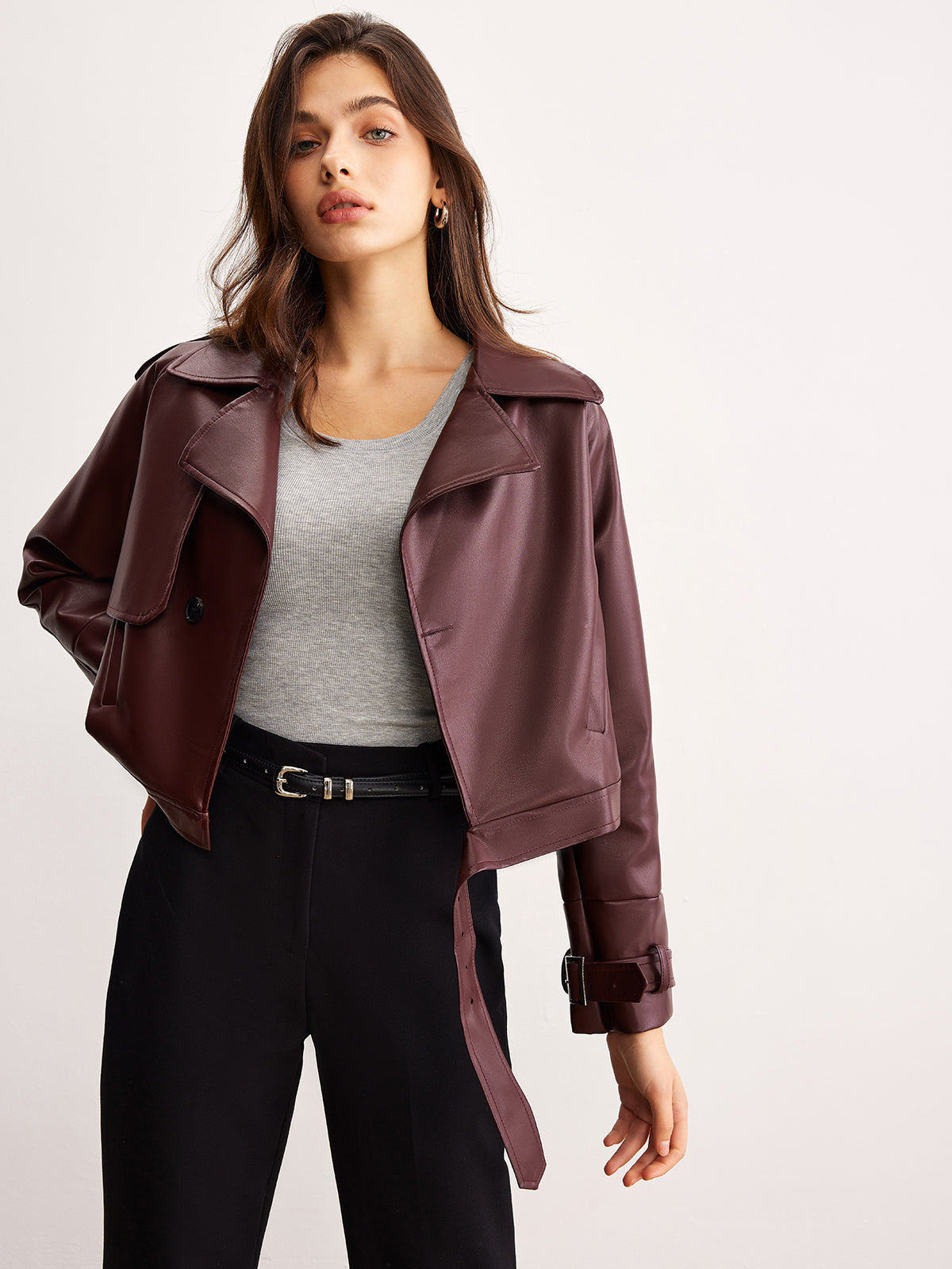 Faux Leather Belted Short Jacket