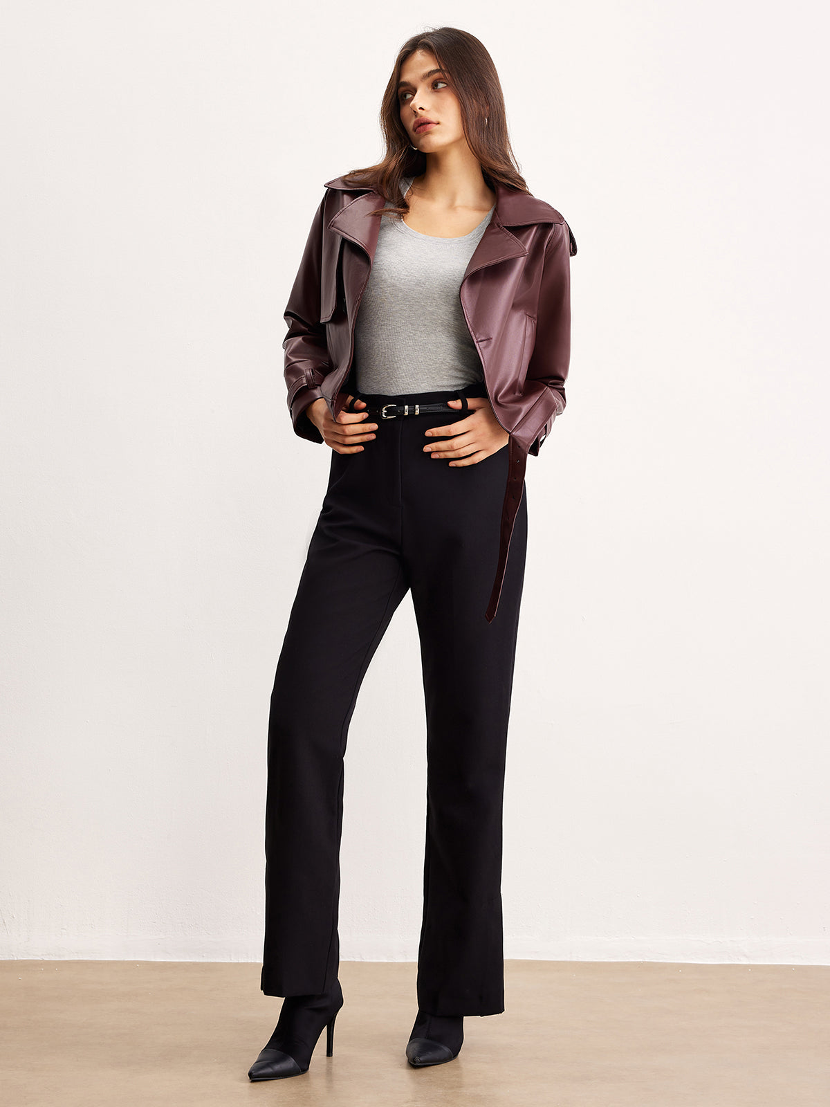 Faux Leather Belted Short Jacket