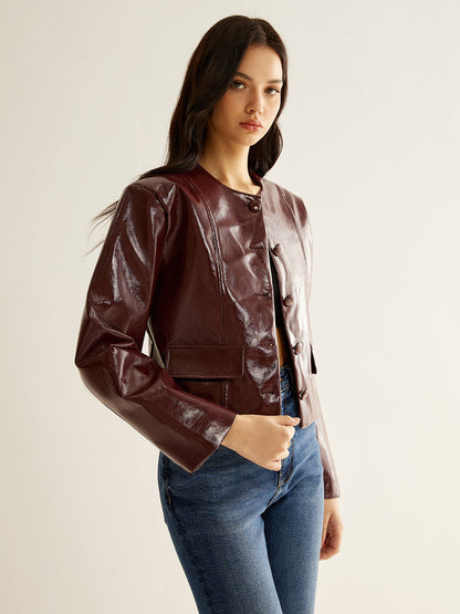 Crew Neck PU Leather Short Blazer