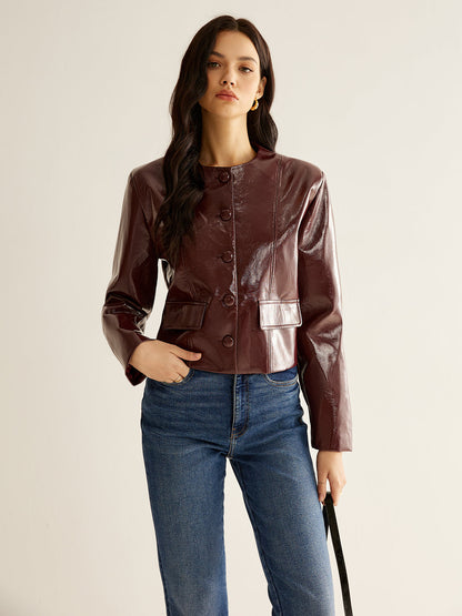 Crew Neck PU Leather Short Blazer