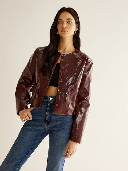 Crew Neck PU Leather Short Blazer