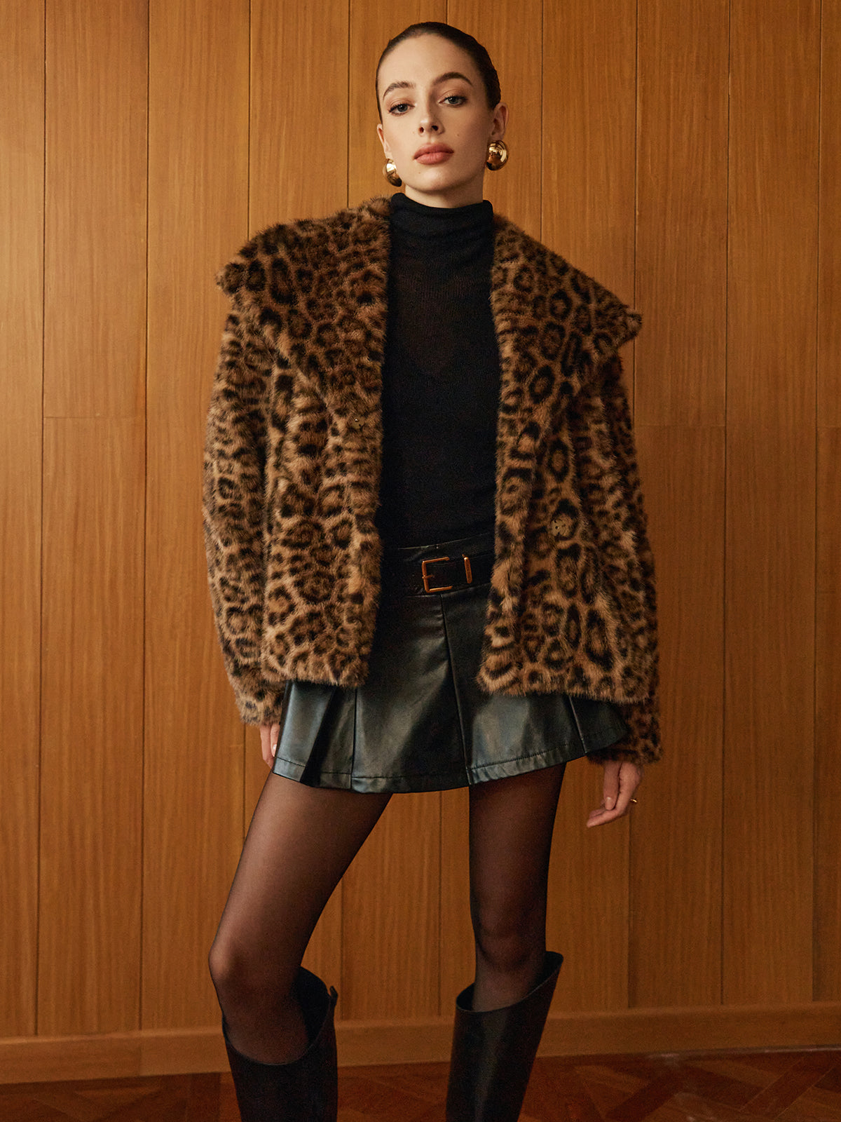 Leopard Printed Faux Fur Warm Coat