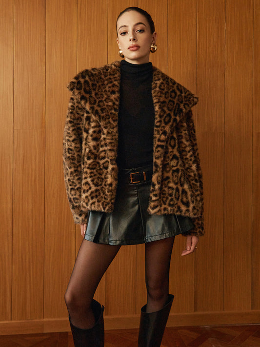 Leopard Printed Faux Fur Warm Coat