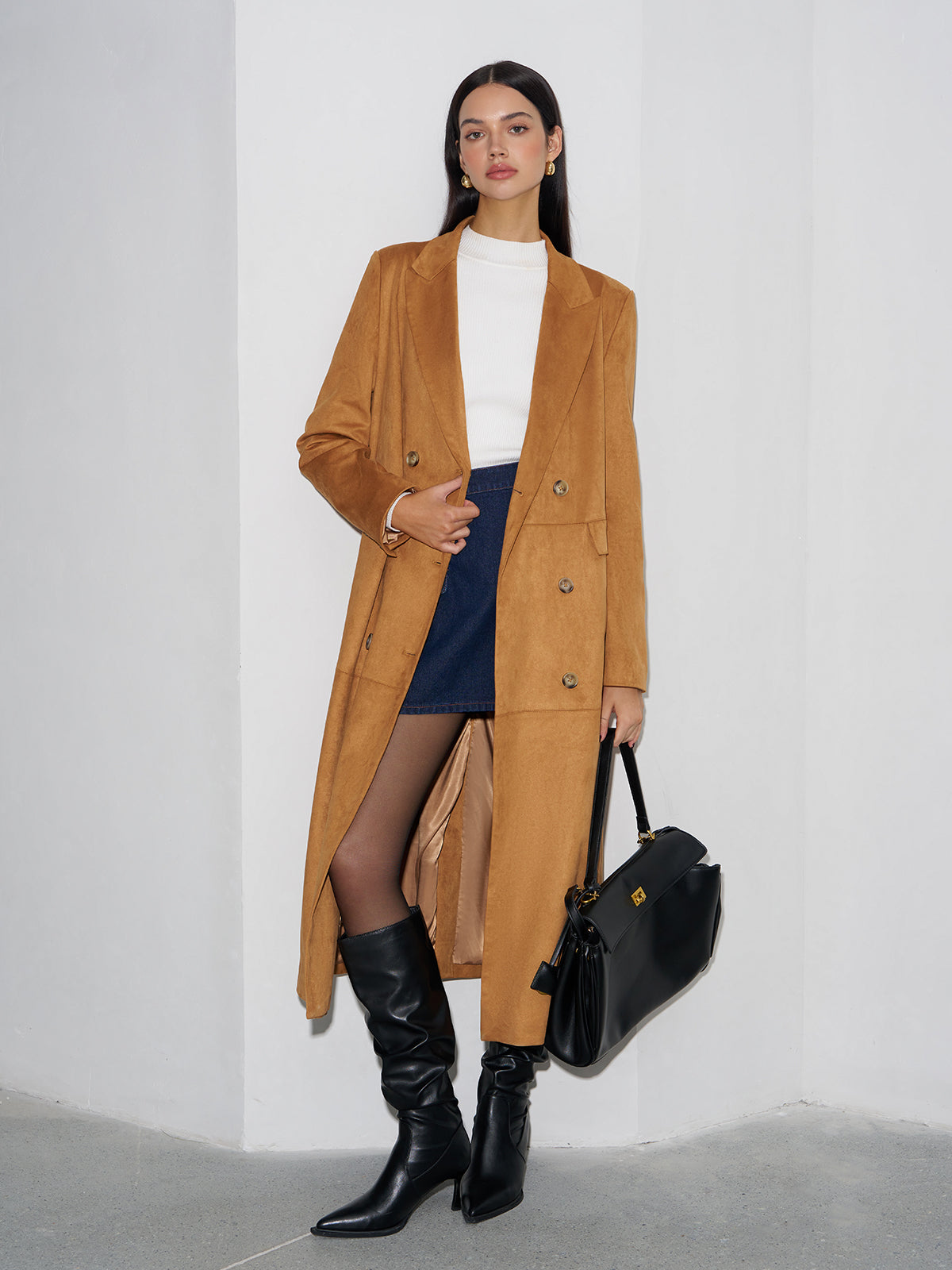 Suede Button Long Blazer