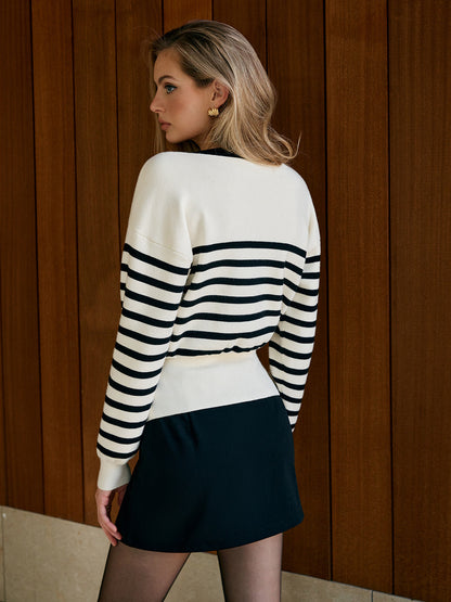 Contrast Striped Metal-Button Knit Outerwear