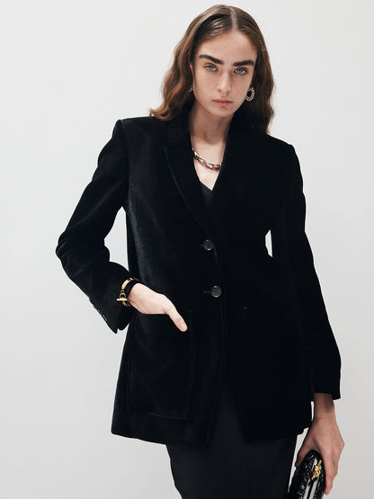 V-Neck Velvet Button Blazer