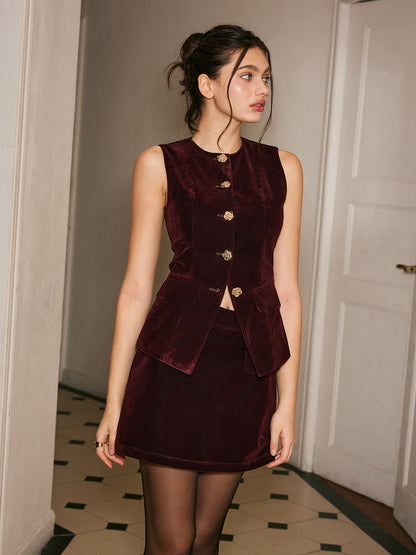 Metal-Button Velvet Cinched Vest