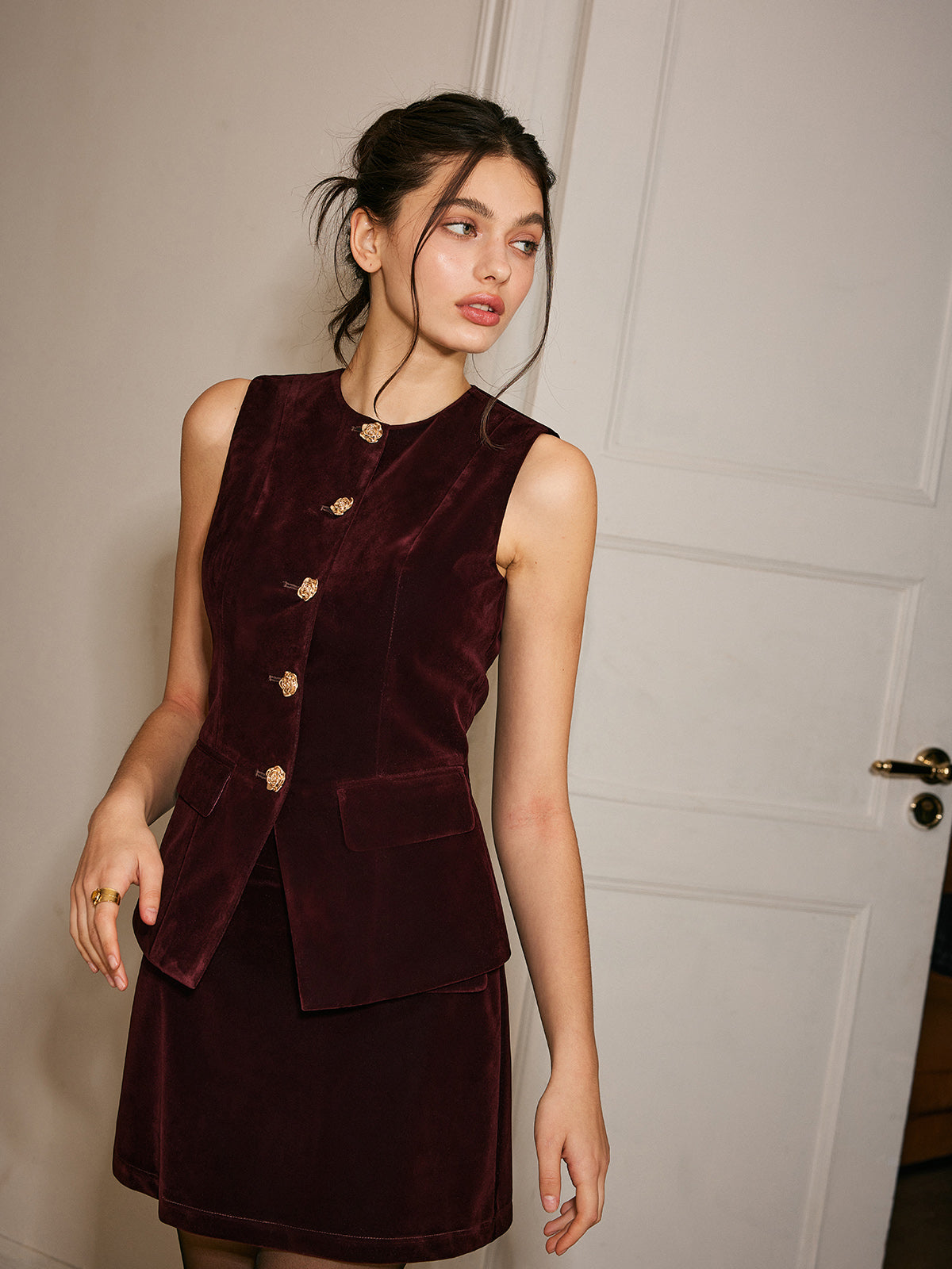 Metal-Button Velvet Cinched Vest