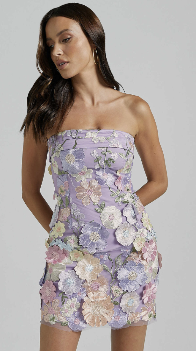 Wren Mini Dress – Strapless Bodycon Garden Flowers Dress