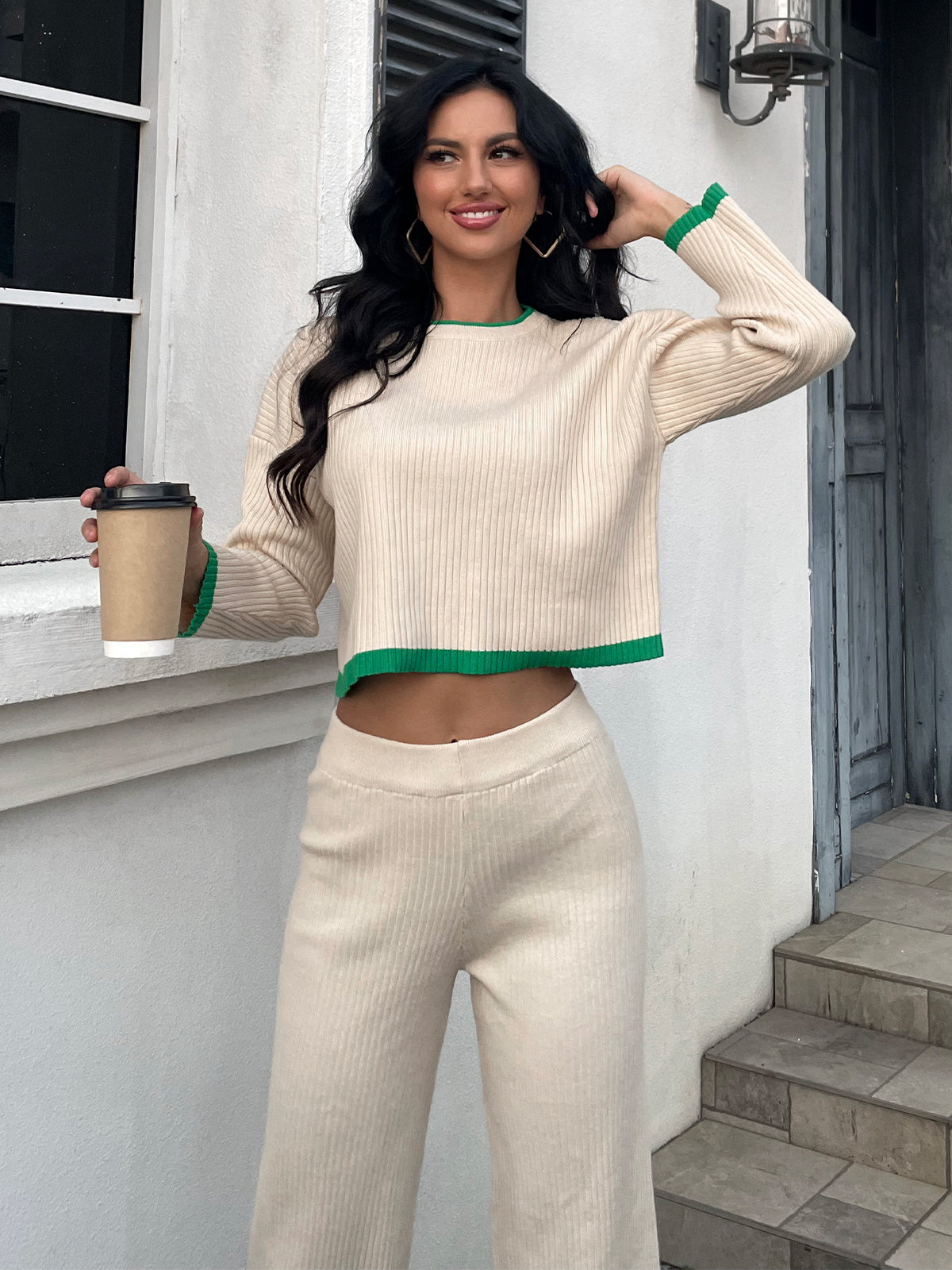 Contrast Knit Sweater & Elastic Waist Slit Pant 2 Piece Lounge Set